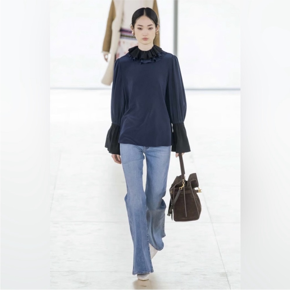 Tory Burch Ruffle Neck Blue and Black Blouse